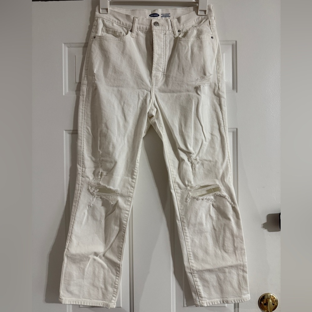 Old Navy White Distressed Sky-Hi Straight Jeans